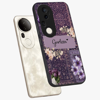Antique Floral Whisper Custom Name Glass Case displayed in angled mockup highlighting elegant antique floral aesthetic.