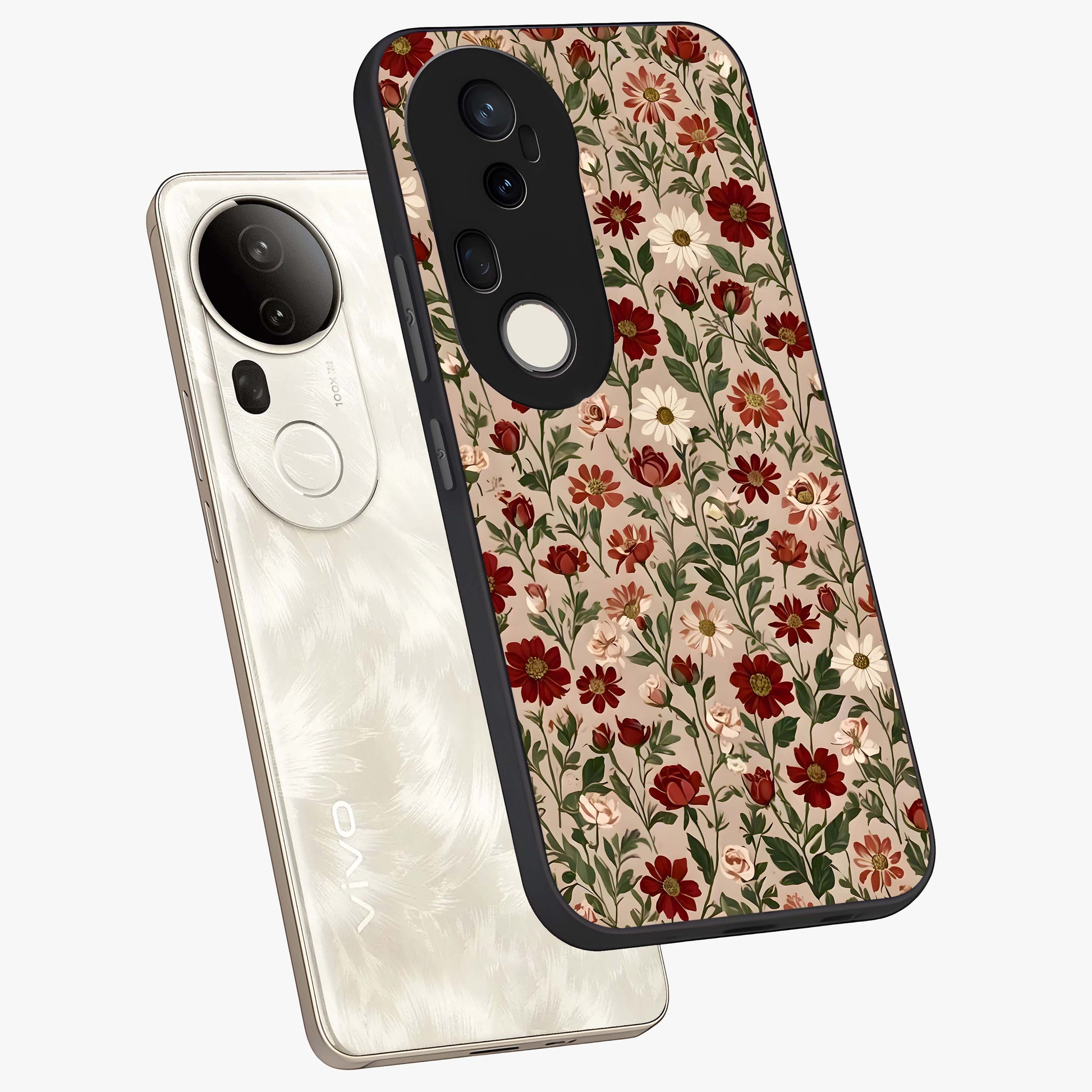 Biege Flower With Leaf Glass Case displayed in angled mockup highlighting minimal floral leaf design and elegant aesthetic.