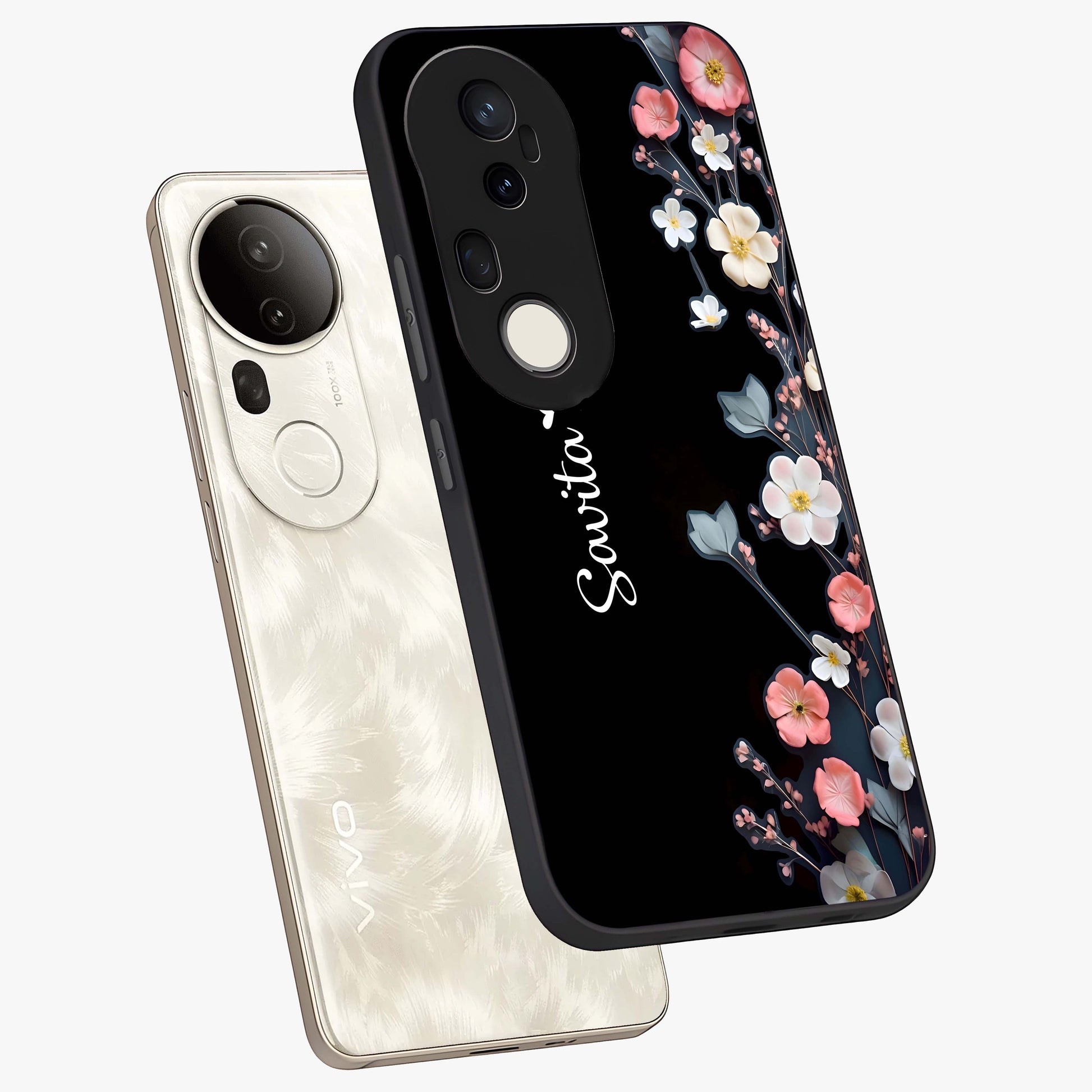 Black Elegance Floral Custom Name Glass Case displayed in angled mockup highlighting dark floral aesthetic and custom name feature.