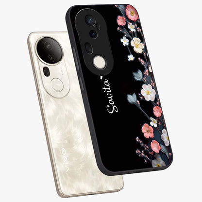 Black Elegance Floral Custom Name Glass Case displayed in angled mockup highlighting dark floral aesthetic and custom name feature.