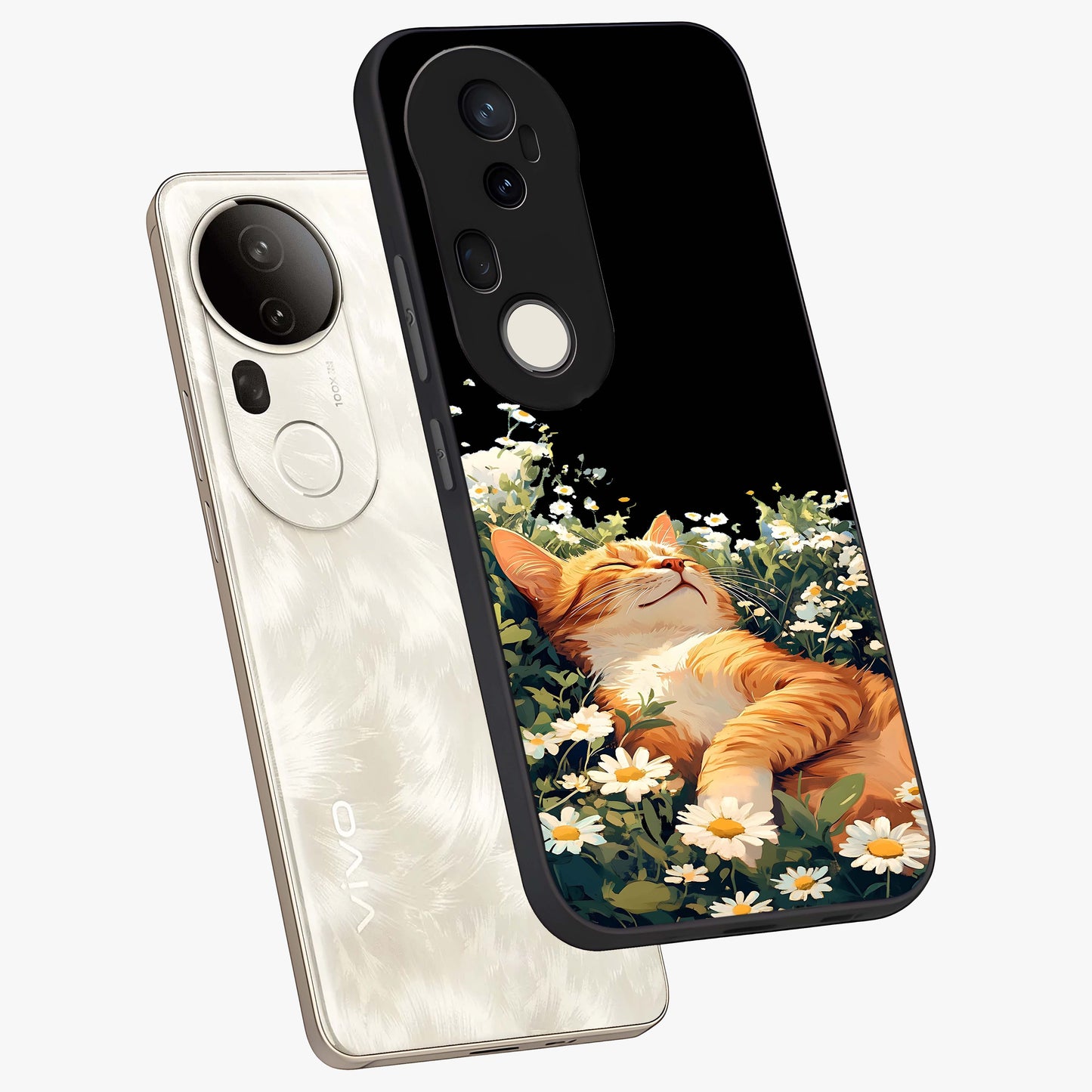 Blissful Bloom Cat Glass Case displayed in angled mockup highlighting playful feline illustration with soft floral aesthetic.