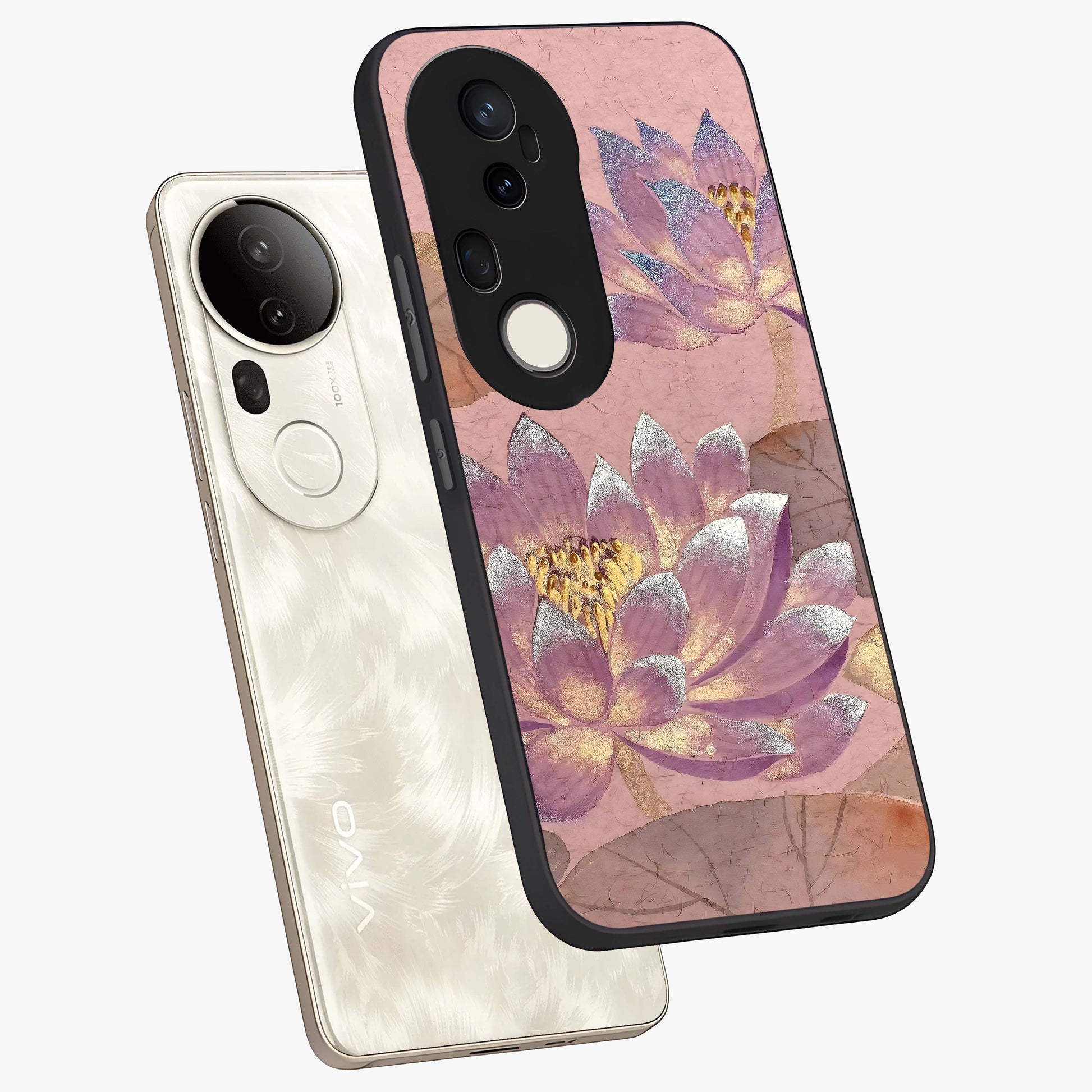 Blossom Mist Lotus Glass Case displayed in angled mockup highlighting delicate lotus illustration with calm aesthetic theme.