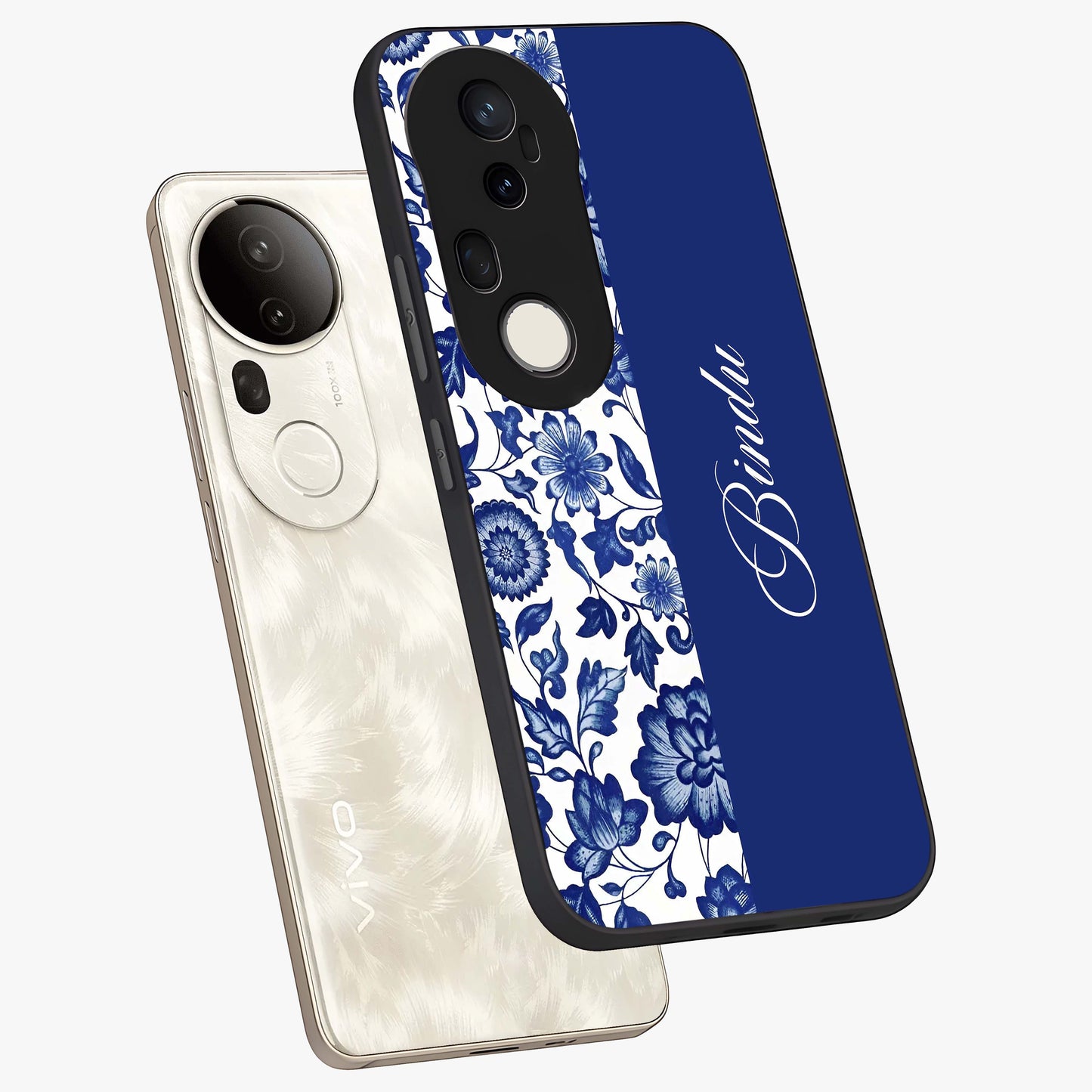 Blue Vintage Floral Pattern Glass Case displayed in angled mockup highlighting subtle bloom pattern with aesthetic pastel design.