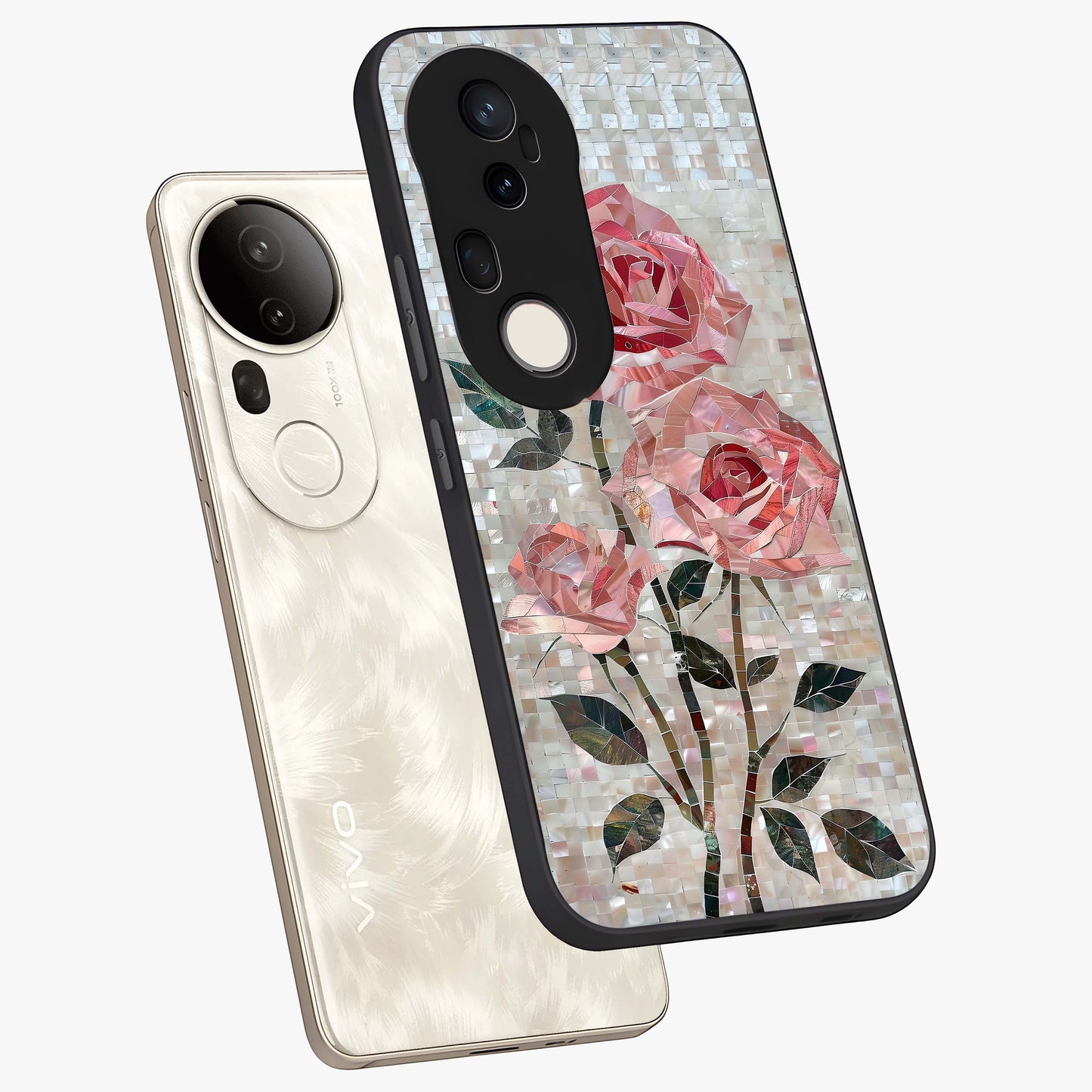Blush Mosaic Bloom Glass Case displayed in angled mockup highlighting artistic mosaic flower pattern with aesthetic design.