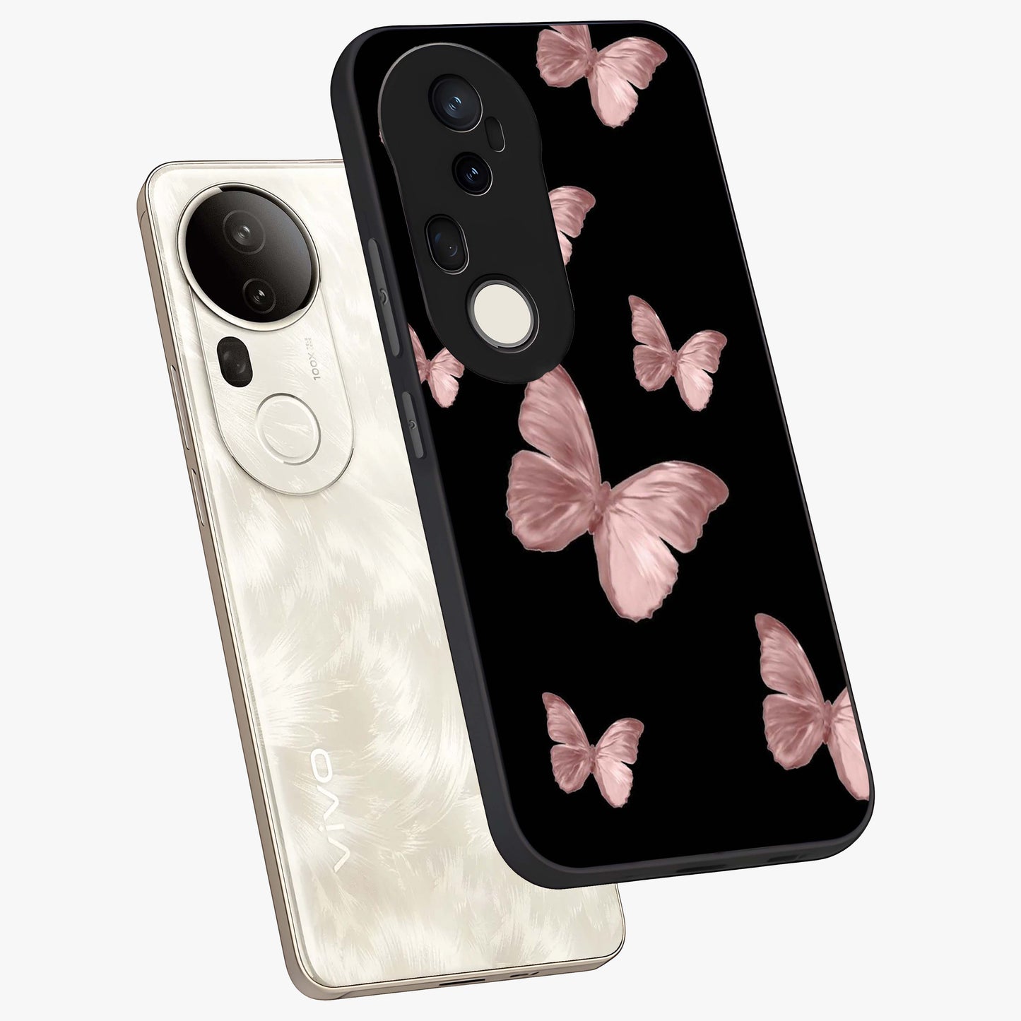 Butterfly Pattern Glass Case displayed in angled mockup highlighting delicate butterfly design and aesthetic pattern style.