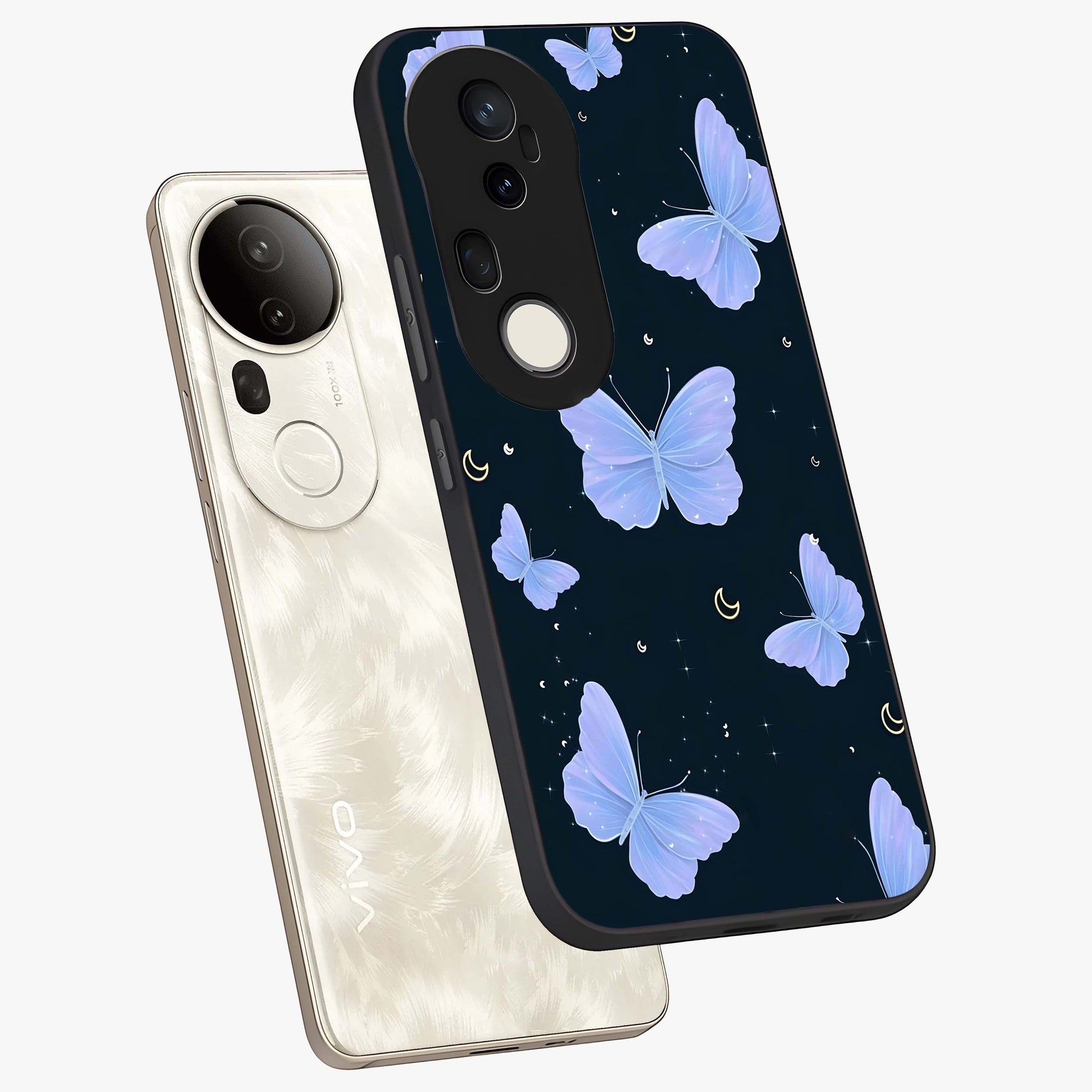Butterfly With Stars Pattern Glass Case displayed in angled mockup highlighting dreamy butterfly and star design with aesthetic theme.