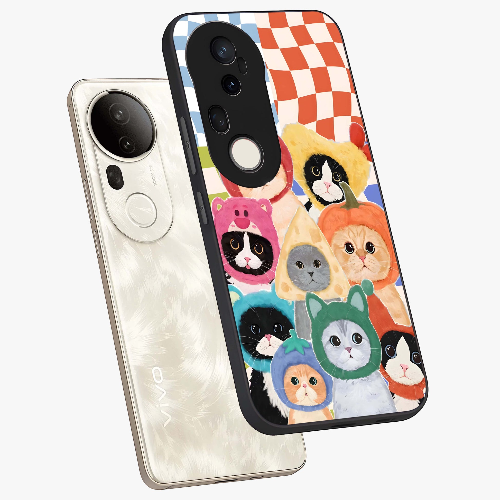 Cats in Fruits Glass Case displayed in angled mockup highlighting cute feline fruit design with colorful aesthetic style.