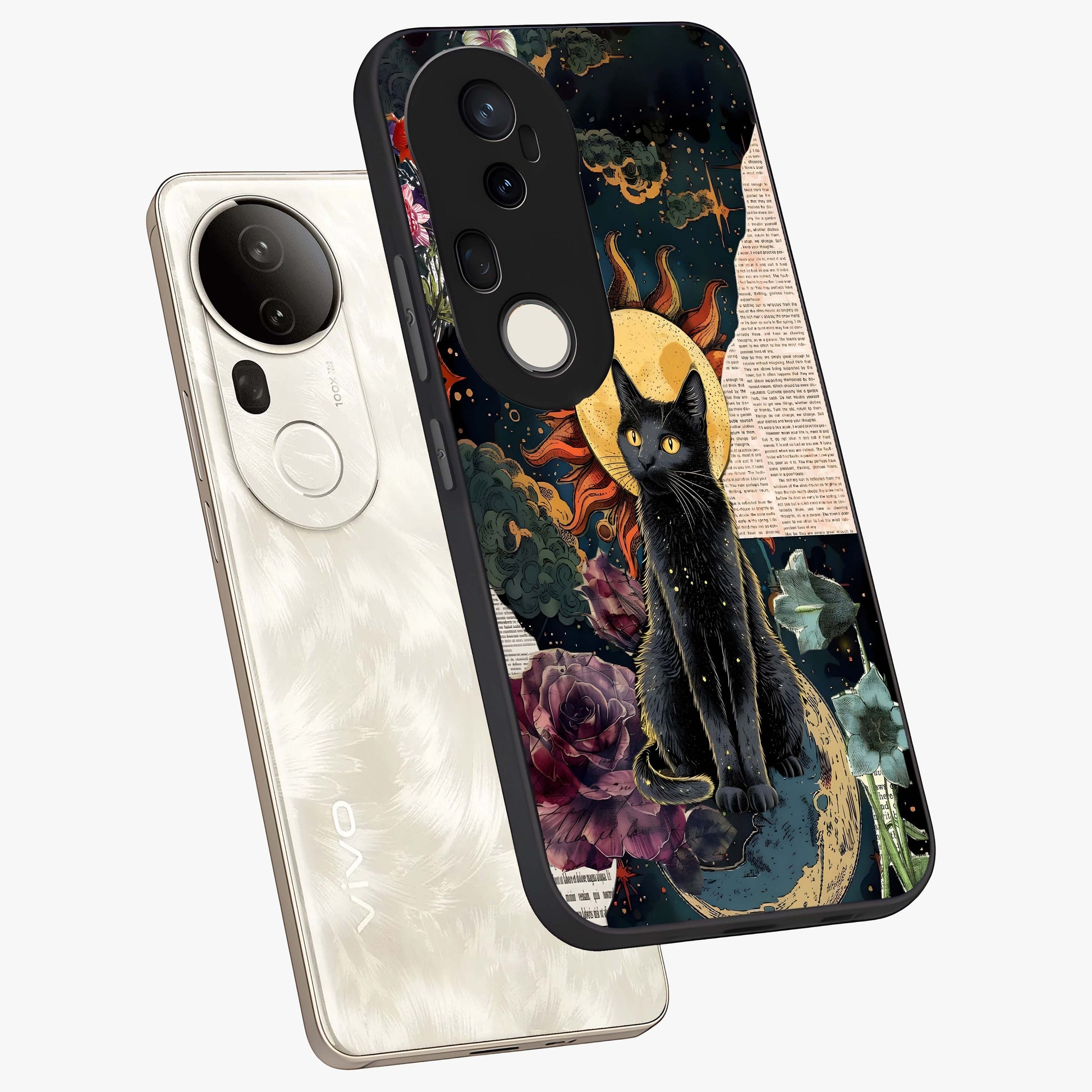 Celestial Black Cat Glass Case displayed in angled mockup highlighting cosmic black cat design with celestial aesthetic.