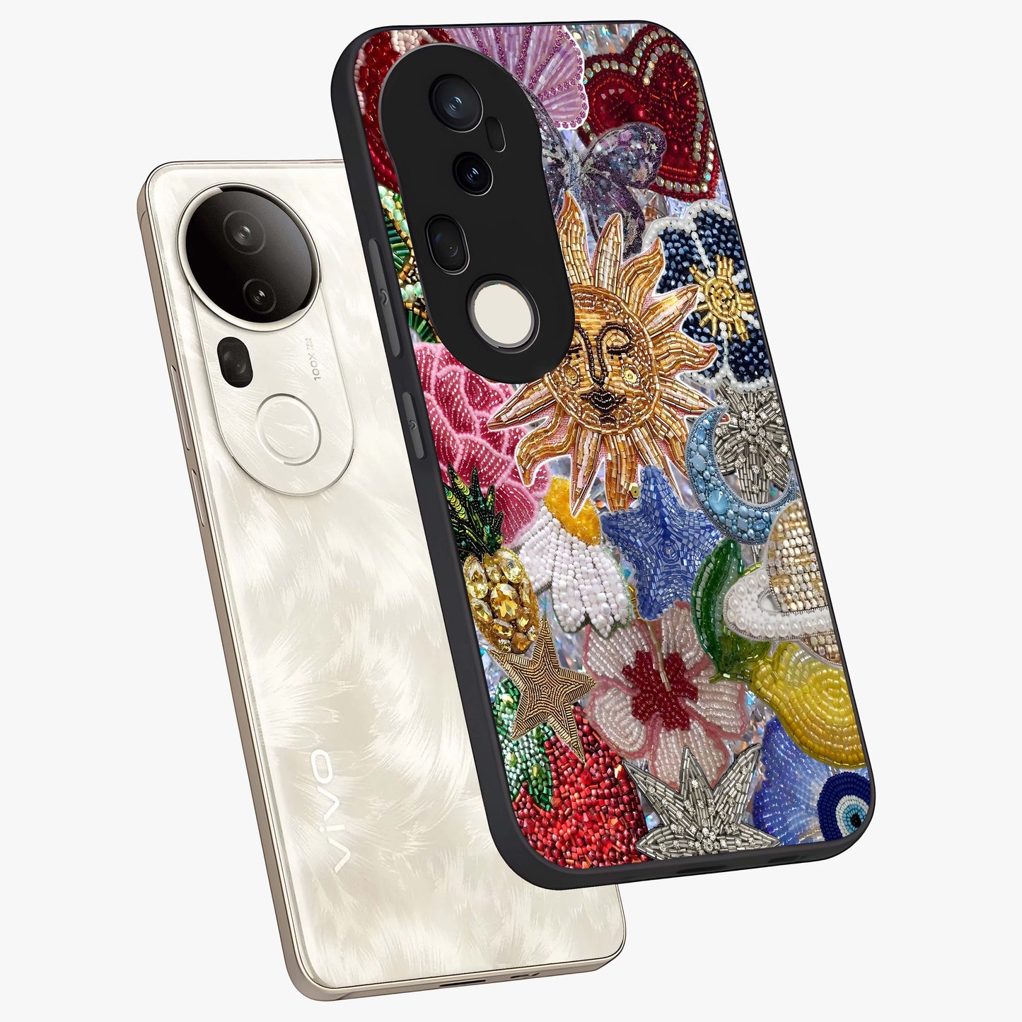 Celestial Floral and Playful Glass Case displayed in angled mockup highlighting playful floral design with dreamy celestial elements.