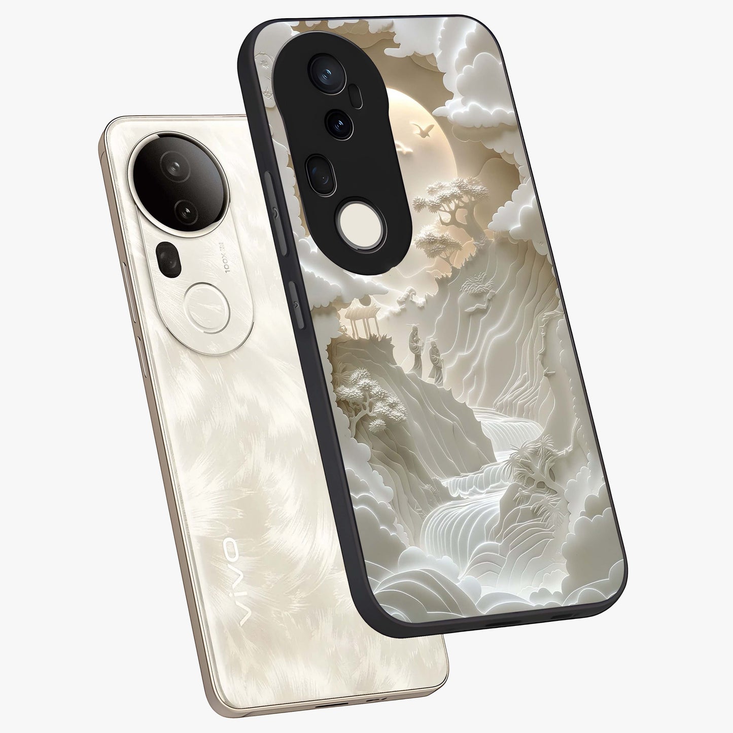 Celestial Origami Glass Case displayed in angled mockup highlighting geometric origami design with cosmic aesthetic theme.
