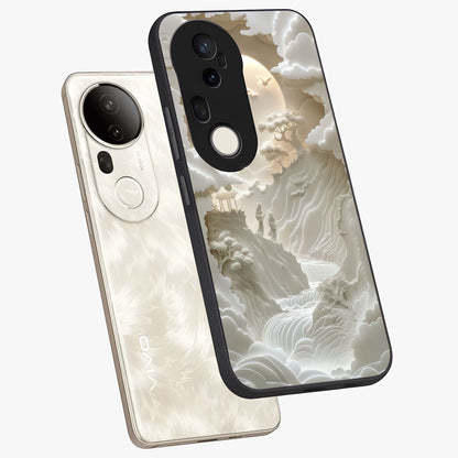 Celestial Origami Glass Case displayed in angled mockup highlighting geometric origami design with cosmic aesthetic theme.