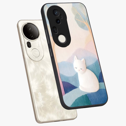 Cotton Dream Cat Glass Case displayed in angled mockup highlighting cute feline illustration with pastel aesthetic style.