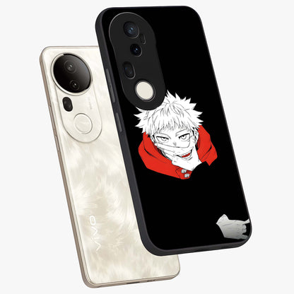 Crimson Chaos Smile Glass Case displayed in angled mockup highlighting edgy crimson smile design with graphic aesthetic.