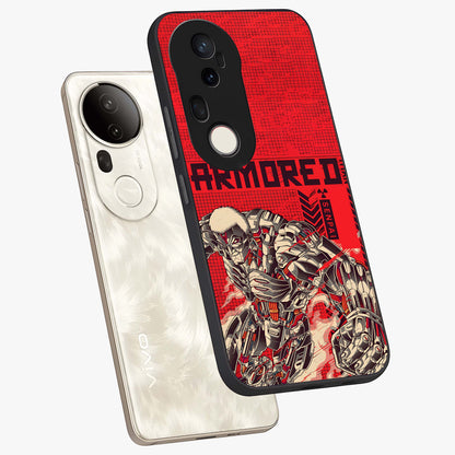 Crimson Mecha Titan Glass Case displayed in angled mockup highlighting futuristic mech illustration with bold crimson aesthetic.