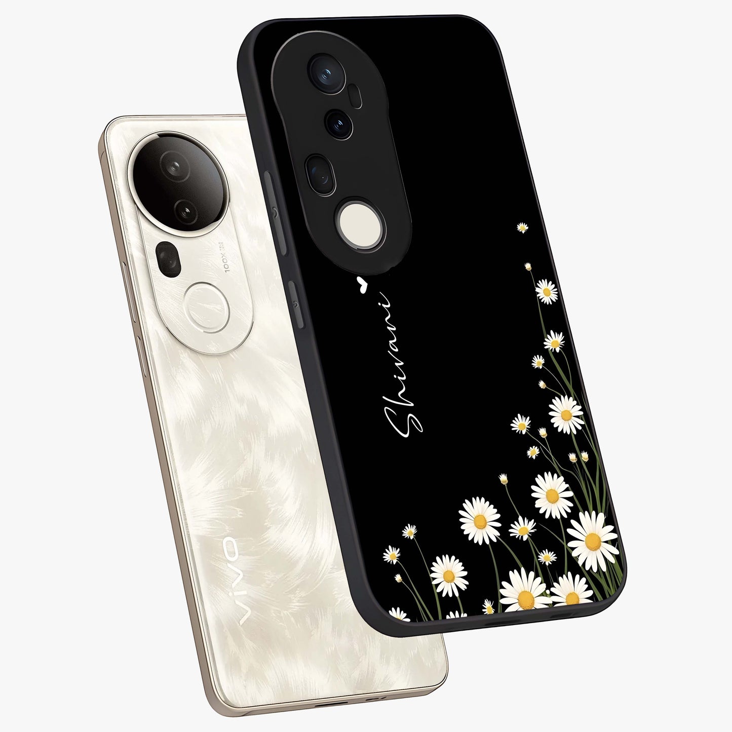 Daisy Cascade Custom Name Glass Case displayed in angled mockup highlighting delicate daisy artwork with custom name feature.