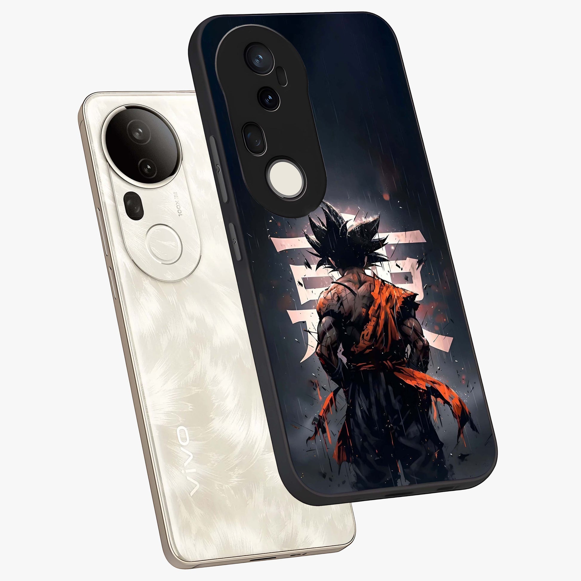 Dark Warrior In Rain Glass Case displayed in angled mockup highlighting dramatic warrior illustration with dark rain aesthetic.