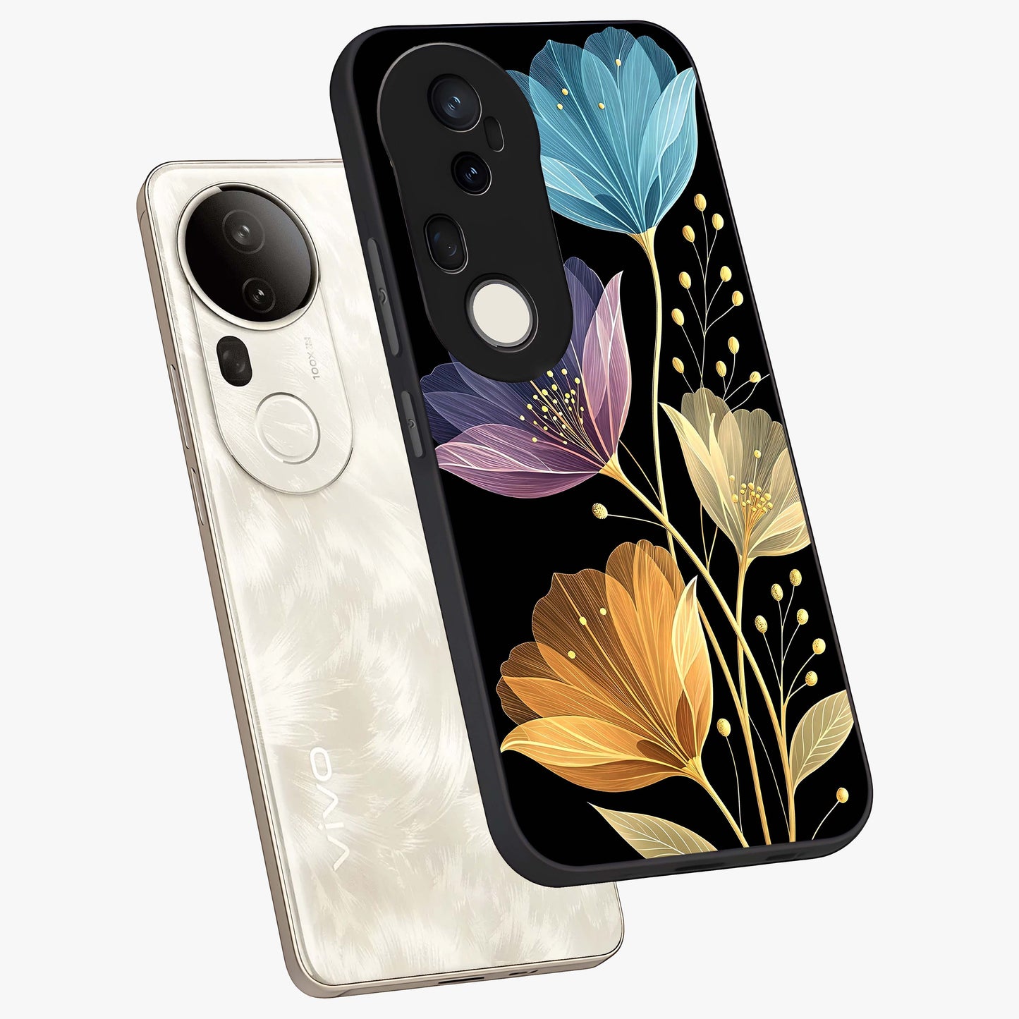 Delicate Multicolor Flowers Glass Case displayed in angled mockup highlighting colorful flower pattern with soft aesthetic style.