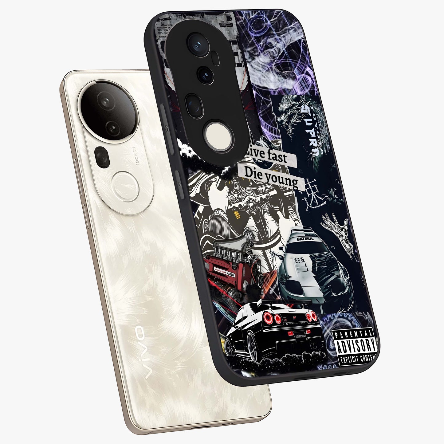 Die Young Glass Case displayed in angled mockup highlighting expressive graphic artwork with edgy aesthetic style.
