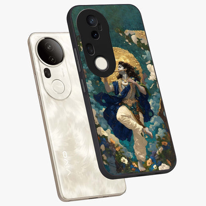 Divine Krishna Art Glass Case displayed in angled mockup highlighting spiritual Krishna illustration with devotional aesthetic.