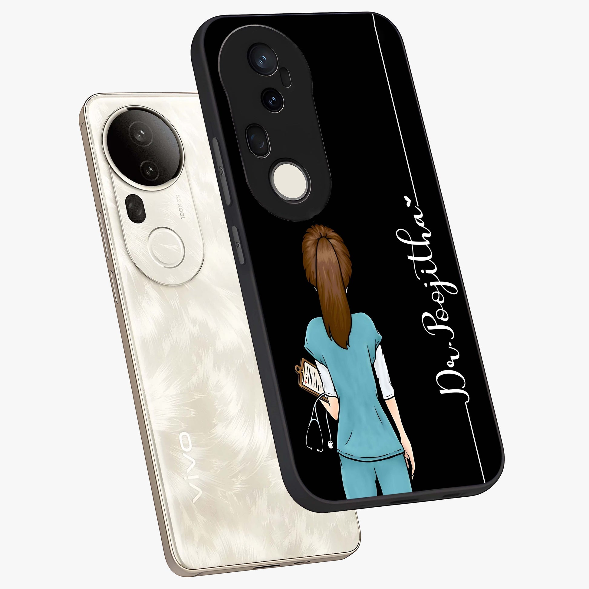 Doctor Pattern Custom Name Glass Case displayed in angled mockup highlighting doctor inspired artwork with custom name feature.