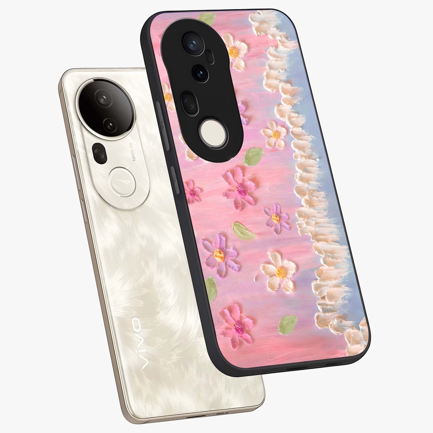 Dreamy Painted Garden Glass Case displayed in angled mockup highlighting colorful garden illustration with dreamy aesthetic style.
