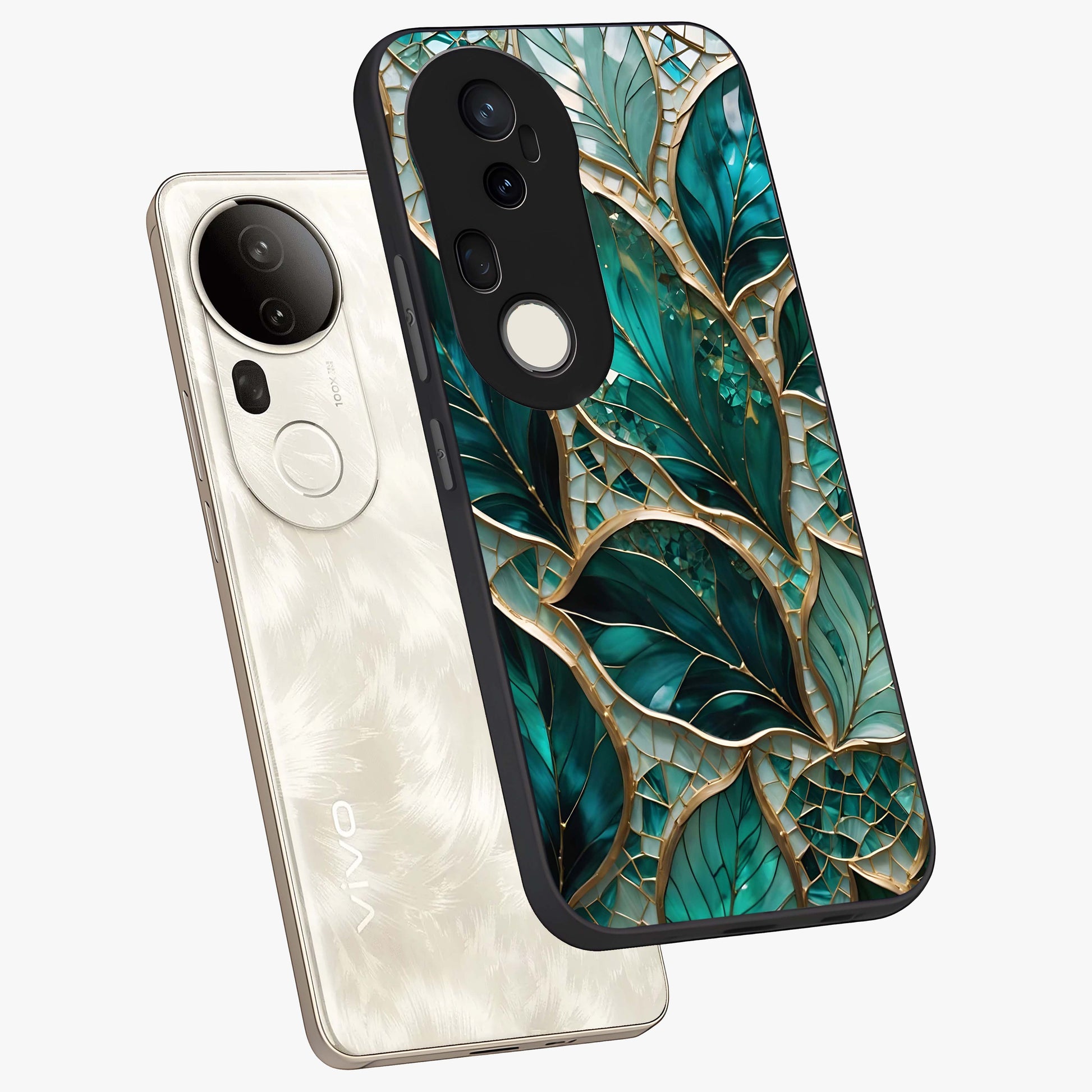 Emerald Leaf Glass Glass Case displayed in angled mockup highlighting botanical leaf illustration with elegant natural aesthetic.