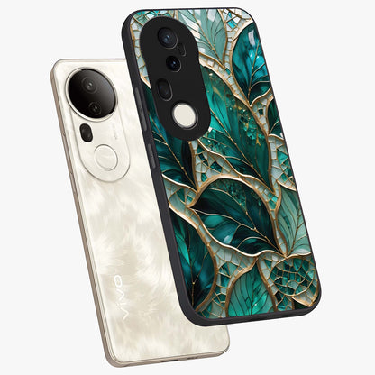 Emerald Leaf Glass Glass Case displayed in angled mockup highlighting botanical leaf illustration with elegant natural aesthetic.