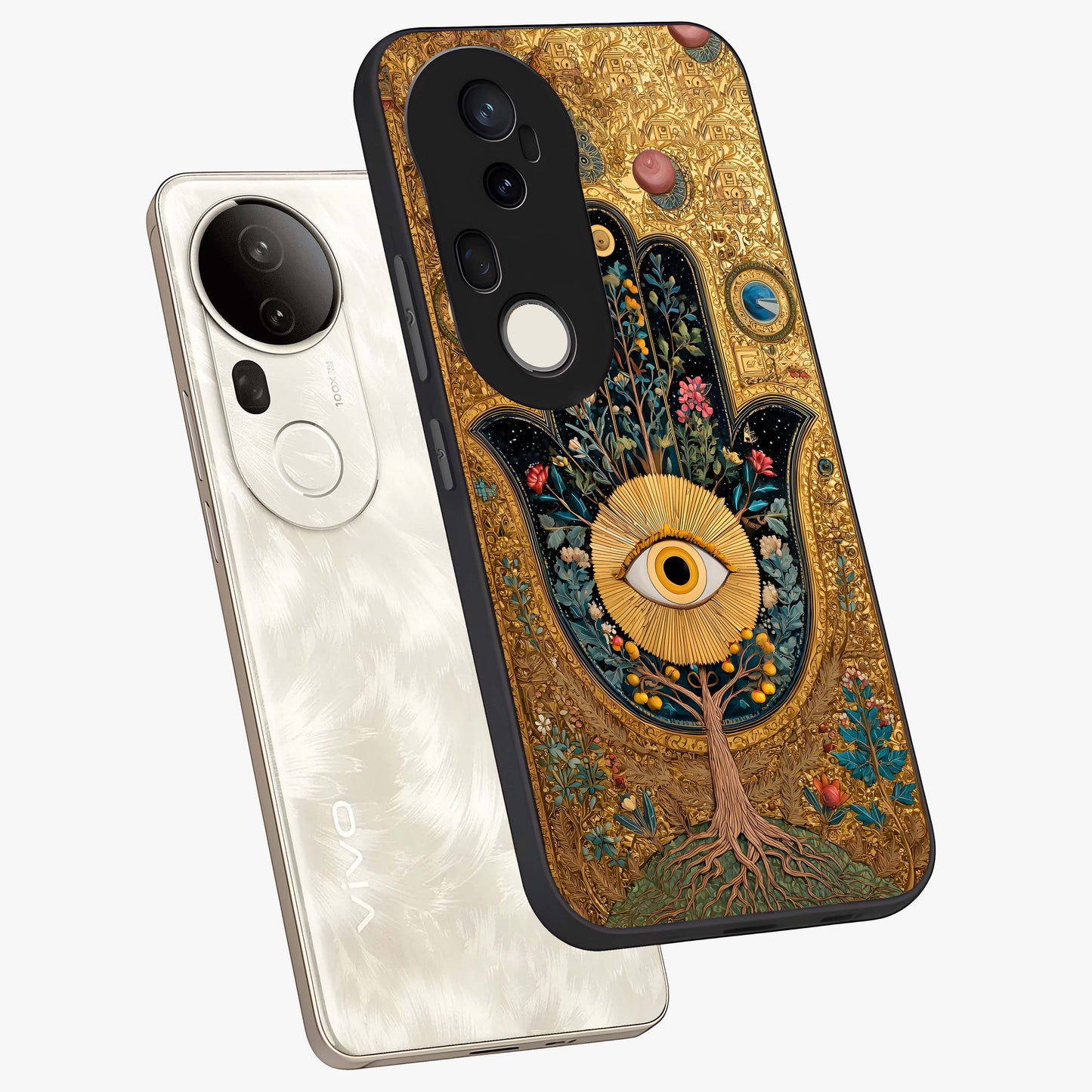 Ethereal Evil Eye Glass Case displayed in angled mockup highlighting protective evil eye symbol with spiritual aesthetic design.