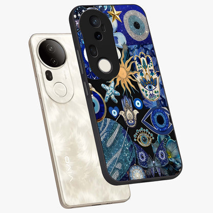 Evil Eye Charm Mix Glass Case displayed in angled mockup highlighting protective evil eye symbols with spiritual aesthetic design.