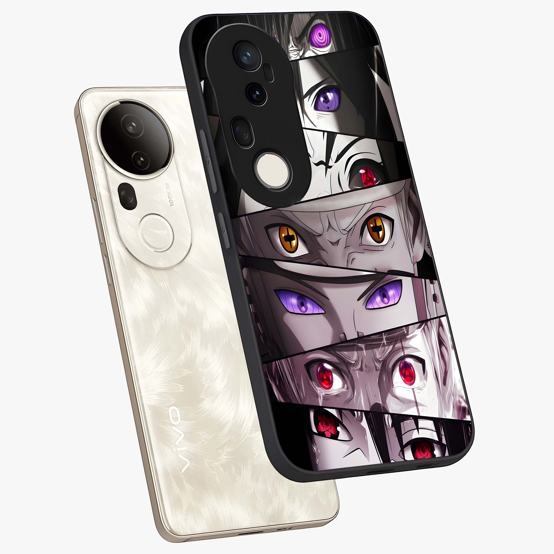 Eyes of Destiny Glass Case displayed in angled mockup highlighting bold eye illustration with mystical aesthetic style.