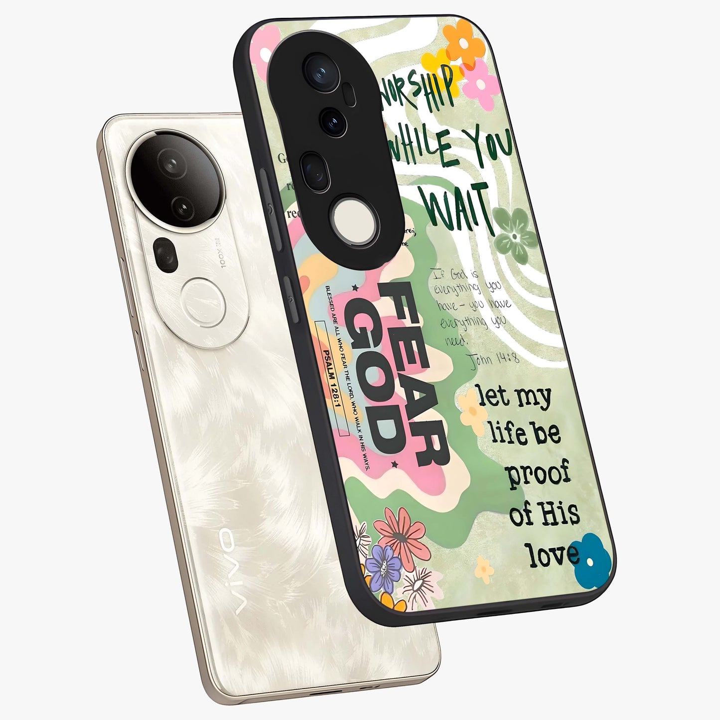 Faith Over Fear Glass Case displayed in angled mockup highlighting inspirational message design with modern aesthetic style.