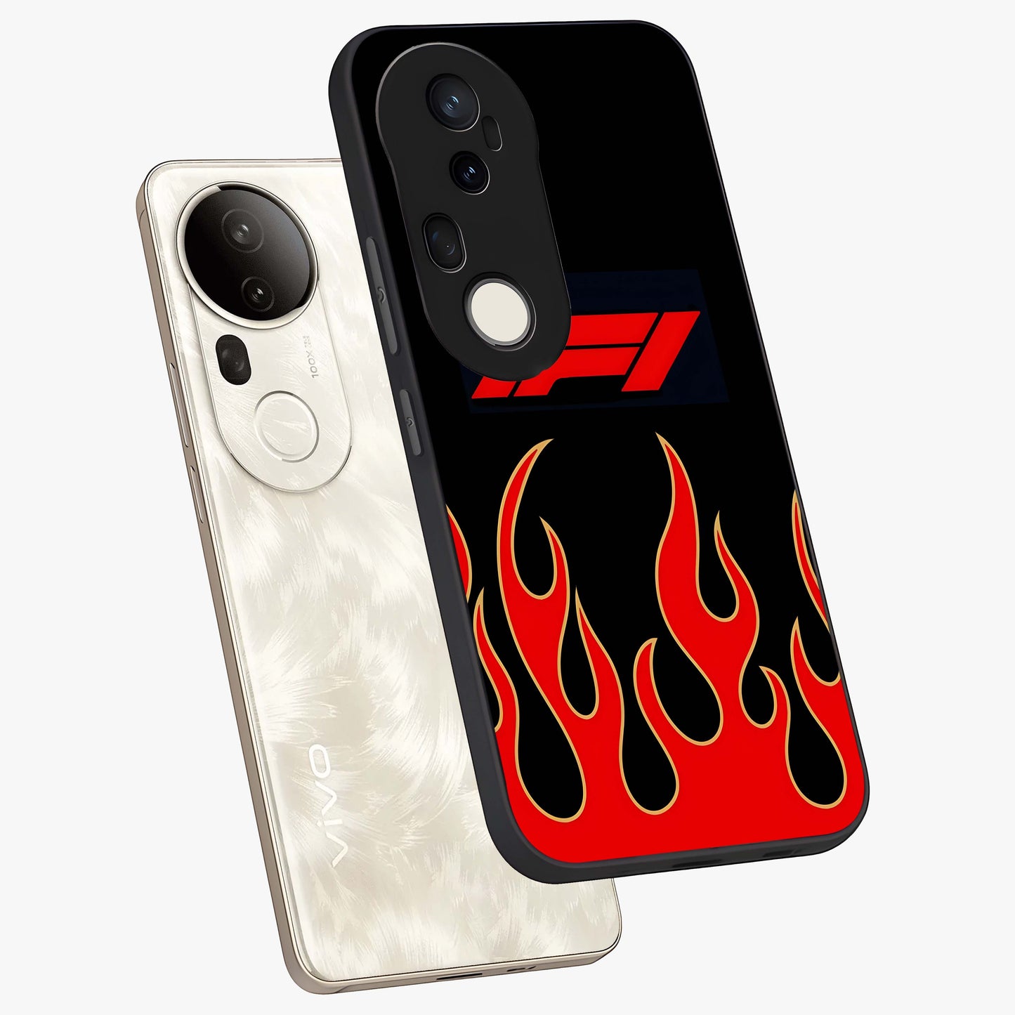 Fire F11 Glass Case displayed in angled mockup highlighting bold fire inspired graphic with energetic aesthetic style.