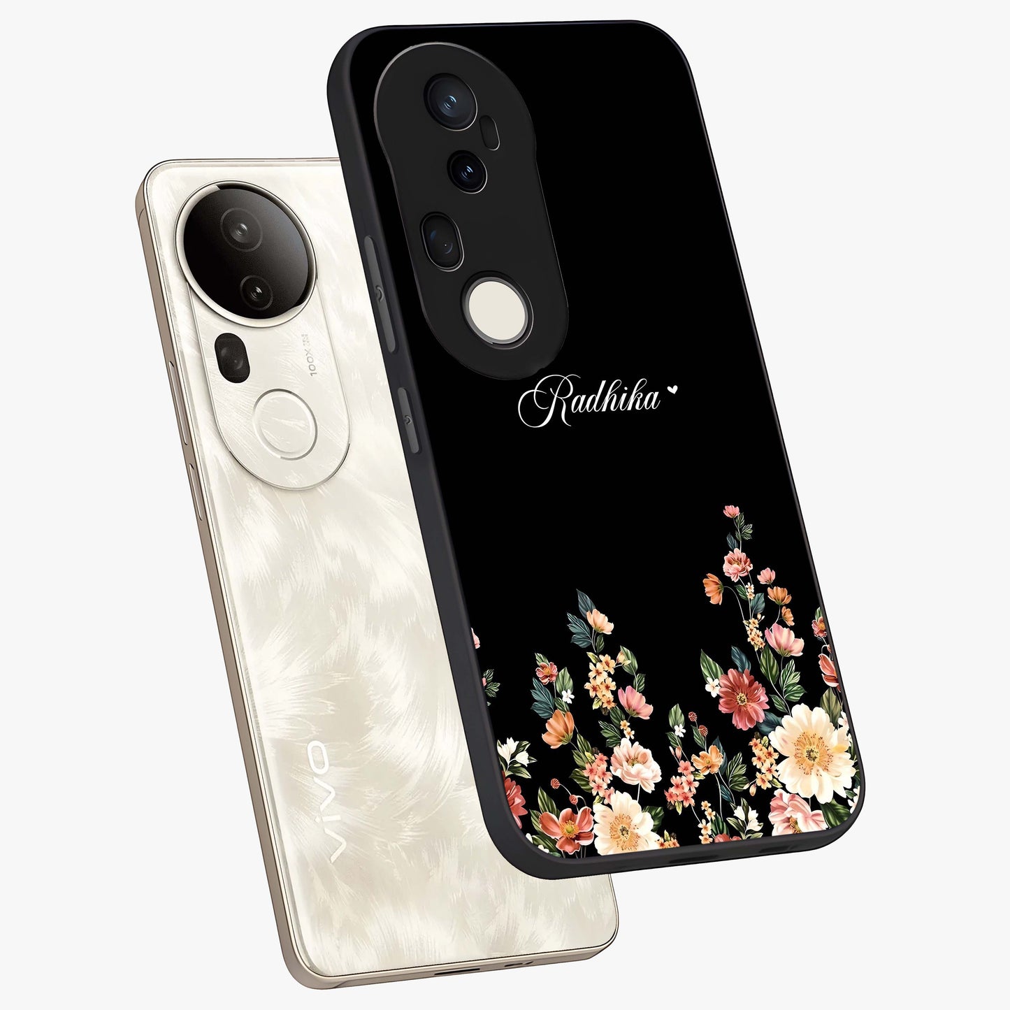 Floral Design With a Custom Personalized Name Glass Case displayed in angled mockup highlighting elegant floral pattern with custom name feature.
