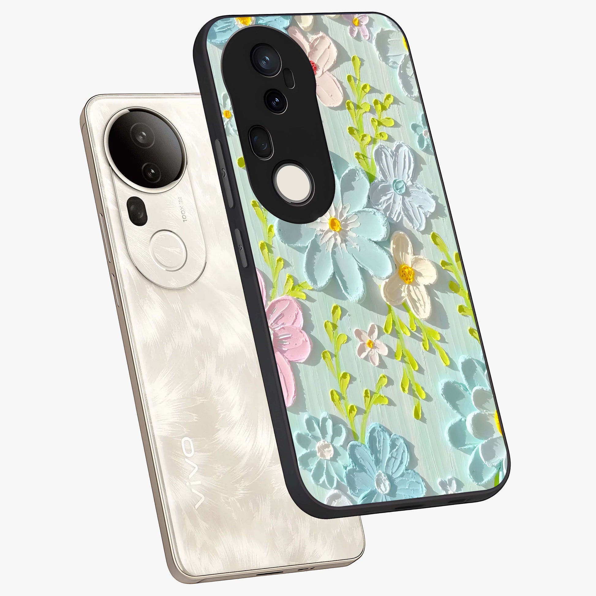 Frosted Petal Garden Glass Case displayed in angled mockup highlighting delicate flower petal design with calm garden aesthetic.