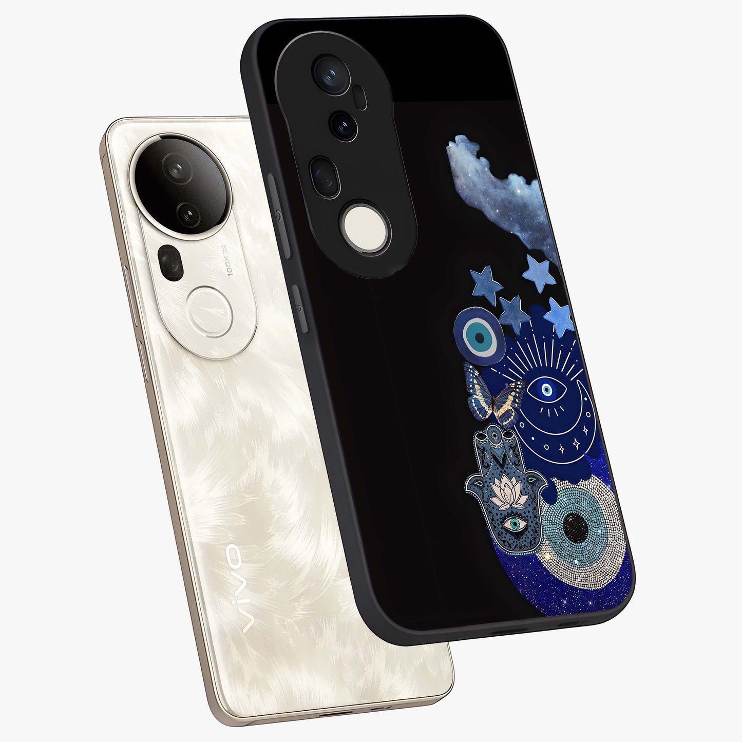 Galactic Charm Cluster Glass Case displayed in angled mockup highlighting luminous galaxy inspired design with dreamy aesthetic.