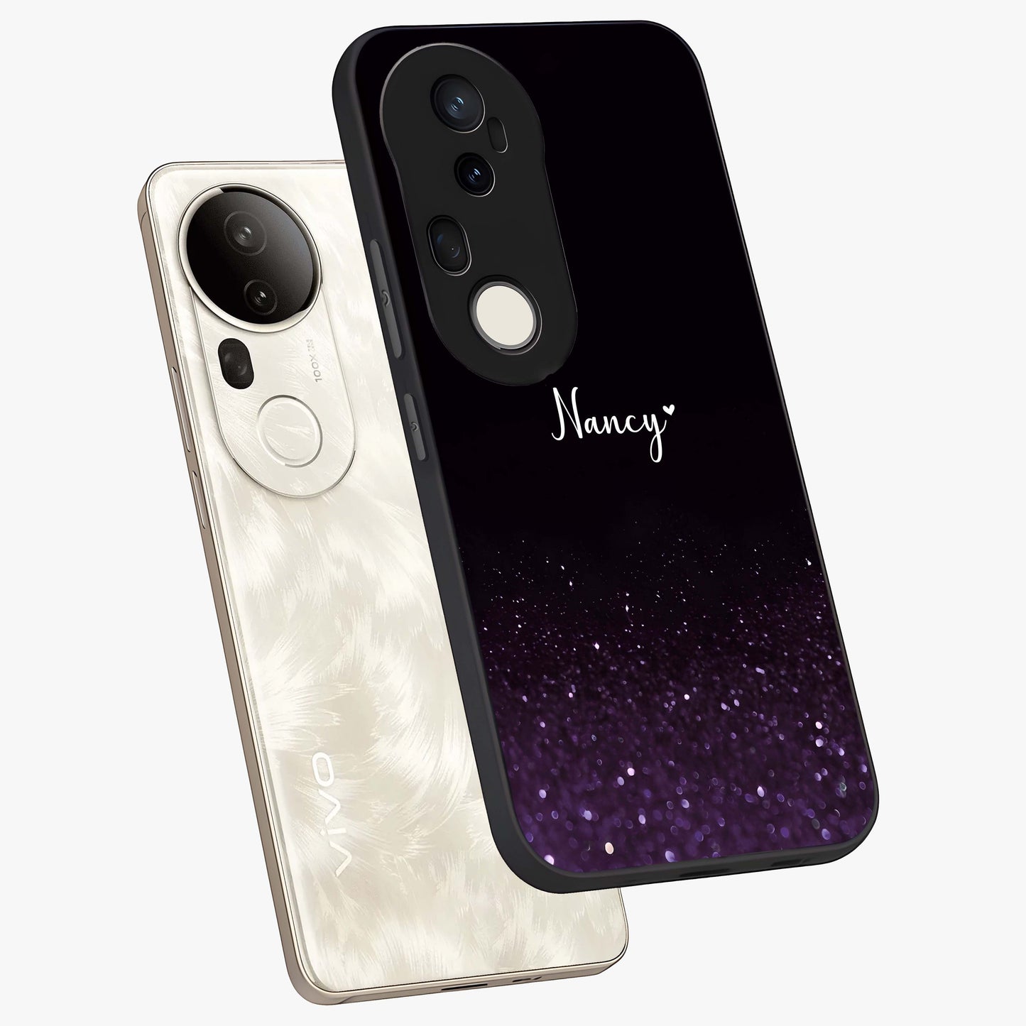 Glittery Purple Bokeh Custom Name Glass Case displayed in angled mockup highlighting glitter bokeh pattern with custom name feature.