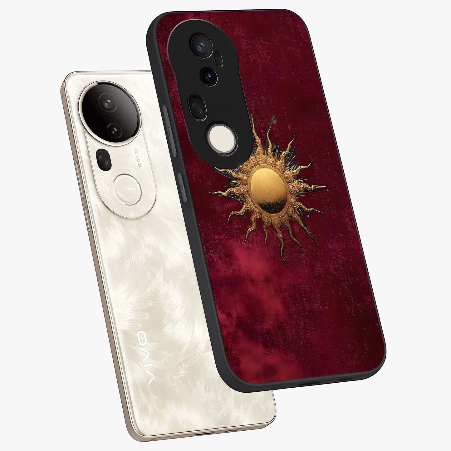 Golden Sun Minimalism Glass Case displayed in angled mockup highlighting clean sun symbol design with modern minimal aesthetic.