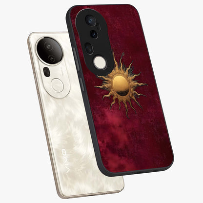 Golden Sun Minimalism Glass Case displayed in angled mockup highlighting clean sun symbol design with modern minimal aesthetic.