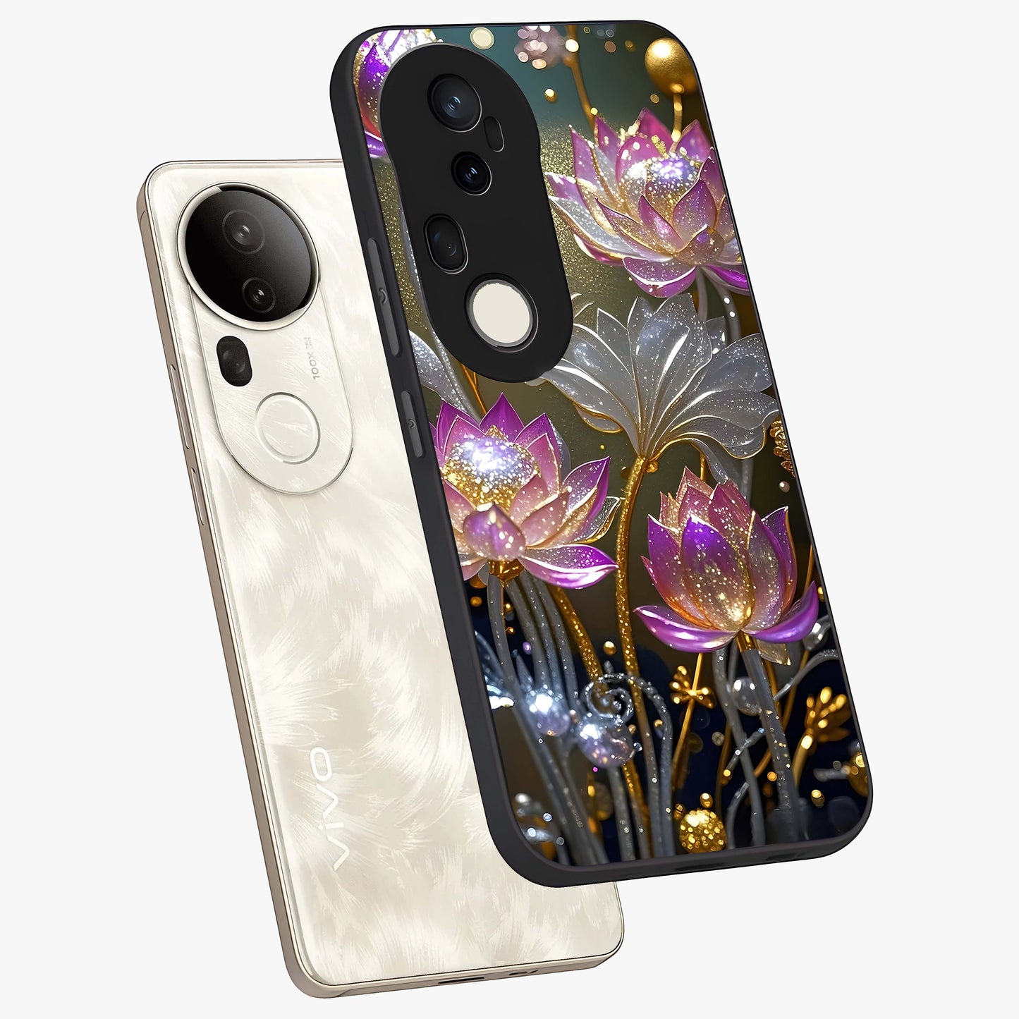 Golden Floral Majesty Glass Case displayed in angled mockup highlighting elegant flower design with royal golden aesthetic.
