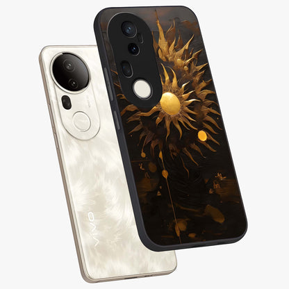 Golden Sun Majesty Glass Case displayed in angled mockup highlighting eerie shadow illustration with gothic aesthetic.