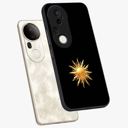 Golden Sun Minimalism Glass Case displayed in angled mockup highlighting eerie shadow illustration with gothic aesthetic.