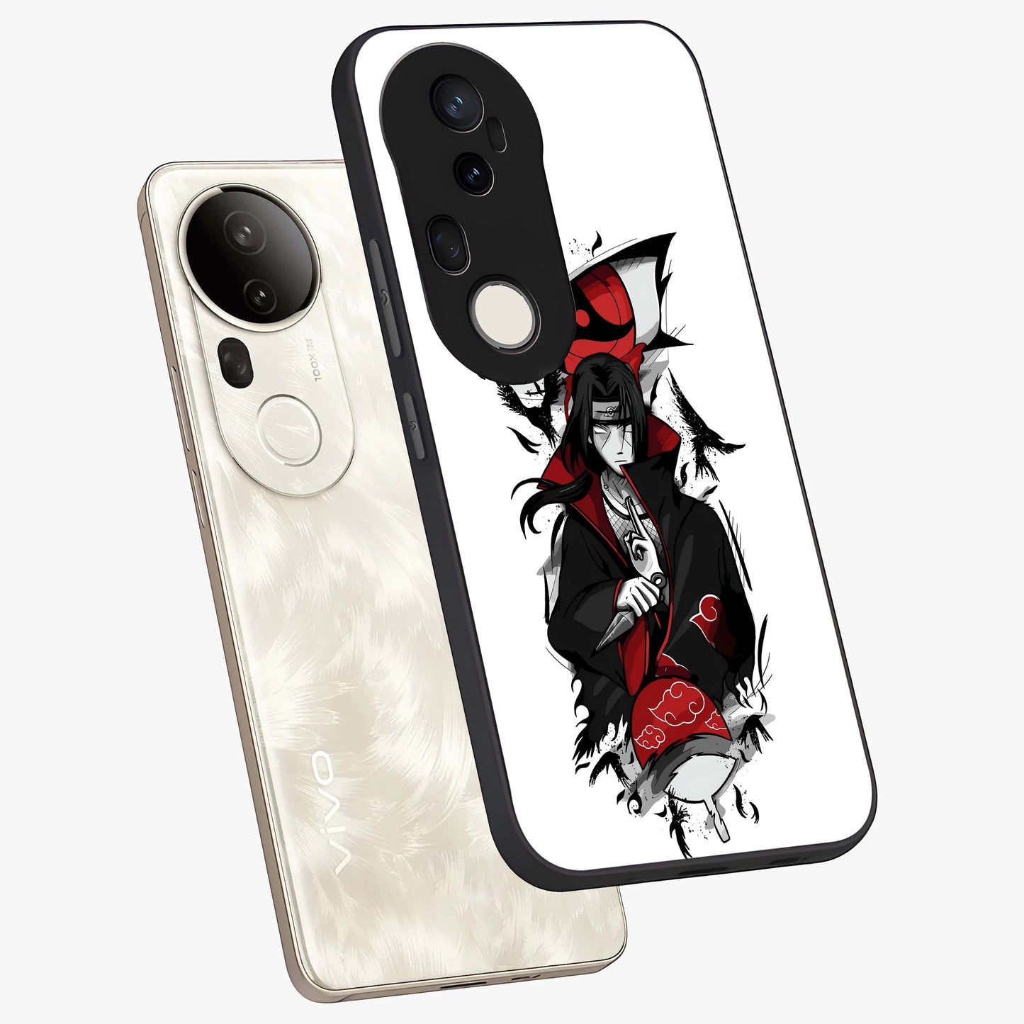 Itachi Limited Edition Naruto Anime Glass Case displayed in angled mockup highlighting dramatic anime illustration with bold action aesthetic.