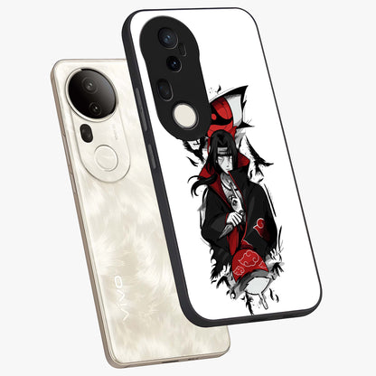 Itachi Limited Edition Naruto Anime Glass Case displayed in angled mockup highlighting dramatic anime illustration with bold action aesthetic.