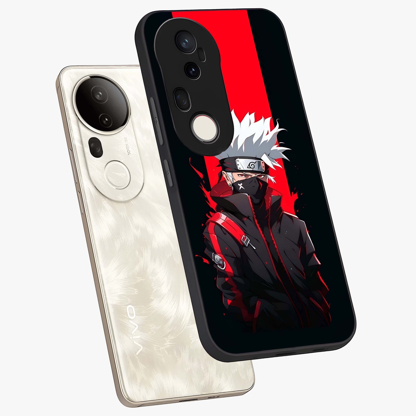 Kakashi Scarlet Shadow Glass Case displayed in angled mockup highlighting dramatic ninja illustration with scarlet themed aesthetic.