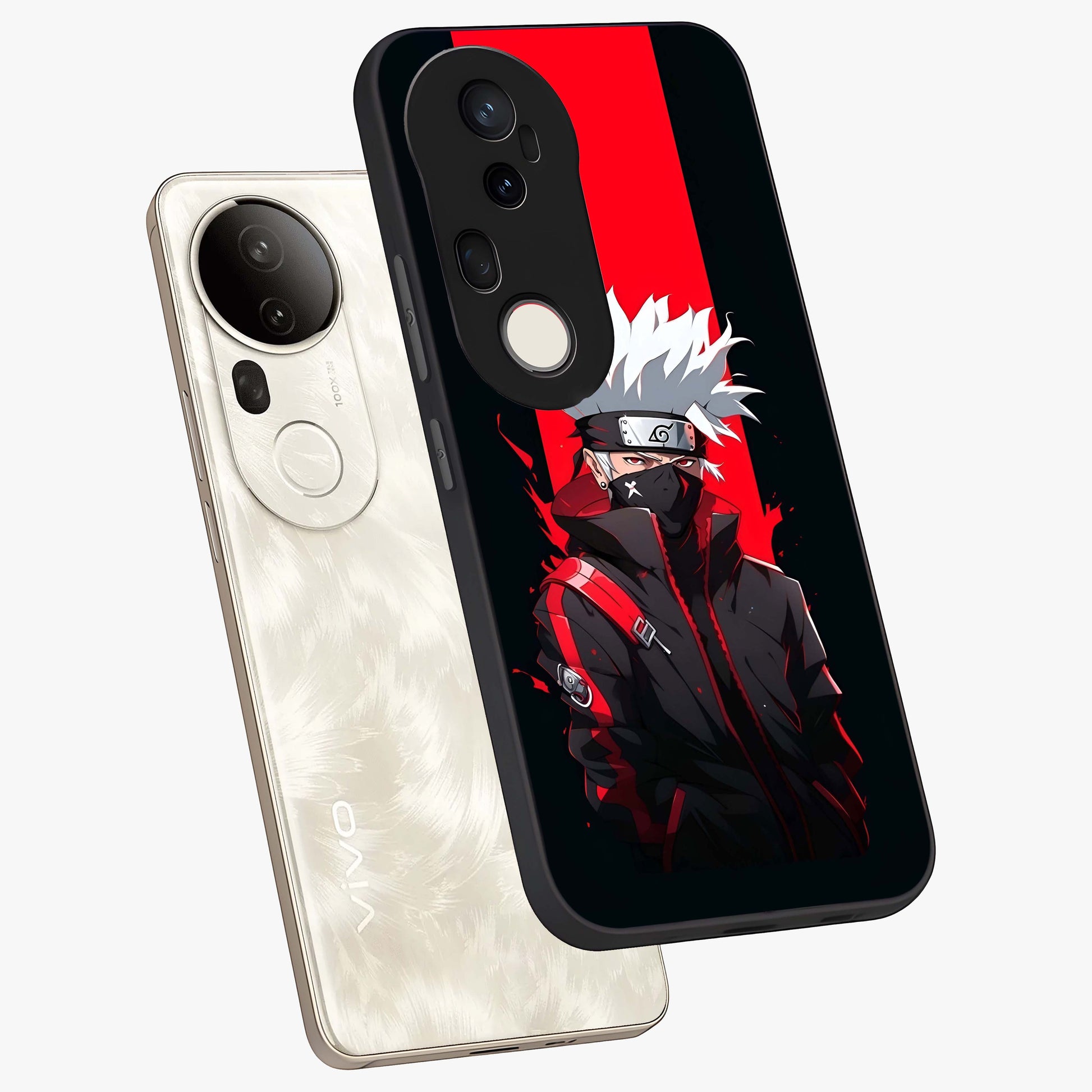 Kakashi Scarlet Shadow Glass Case displayed in angled mockup highlighting dramatic ninja illustration with scarlet themed aesthetic.