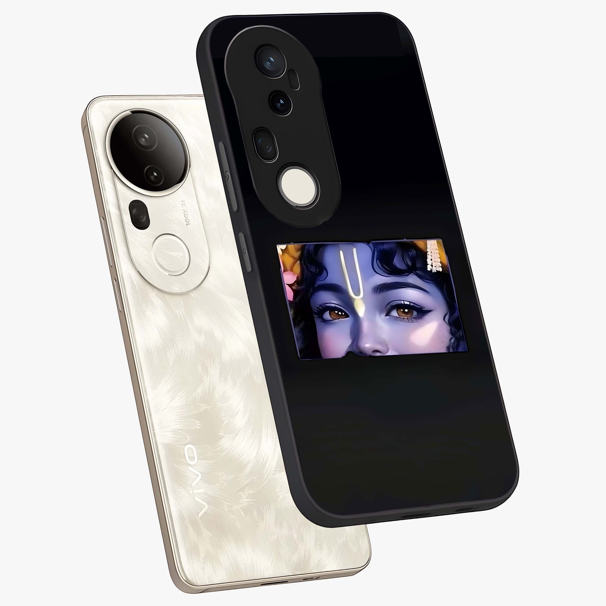 Krishna Divine Embrace Glass Case displayed in angled mockup highlighting divine Krishna illustration with spiritual aesthetic.