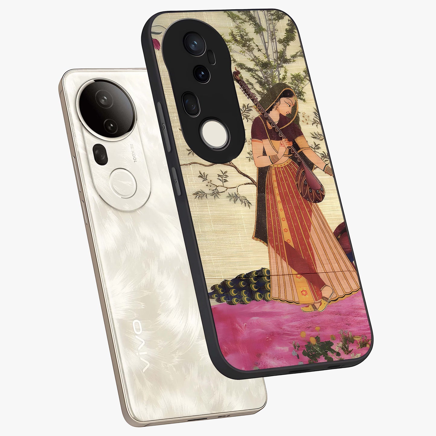 Lady With Veena Art Glass Case displayed in angled mockup highlighting graceful musical illustration with cultural artistic aesthetic.