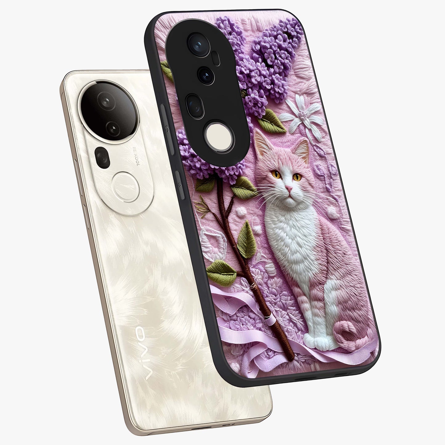 Lavender Cat Whimsy Glass Case displayed in angled mockup highlighting playful feline illustration with pastel lavender aesthetic.