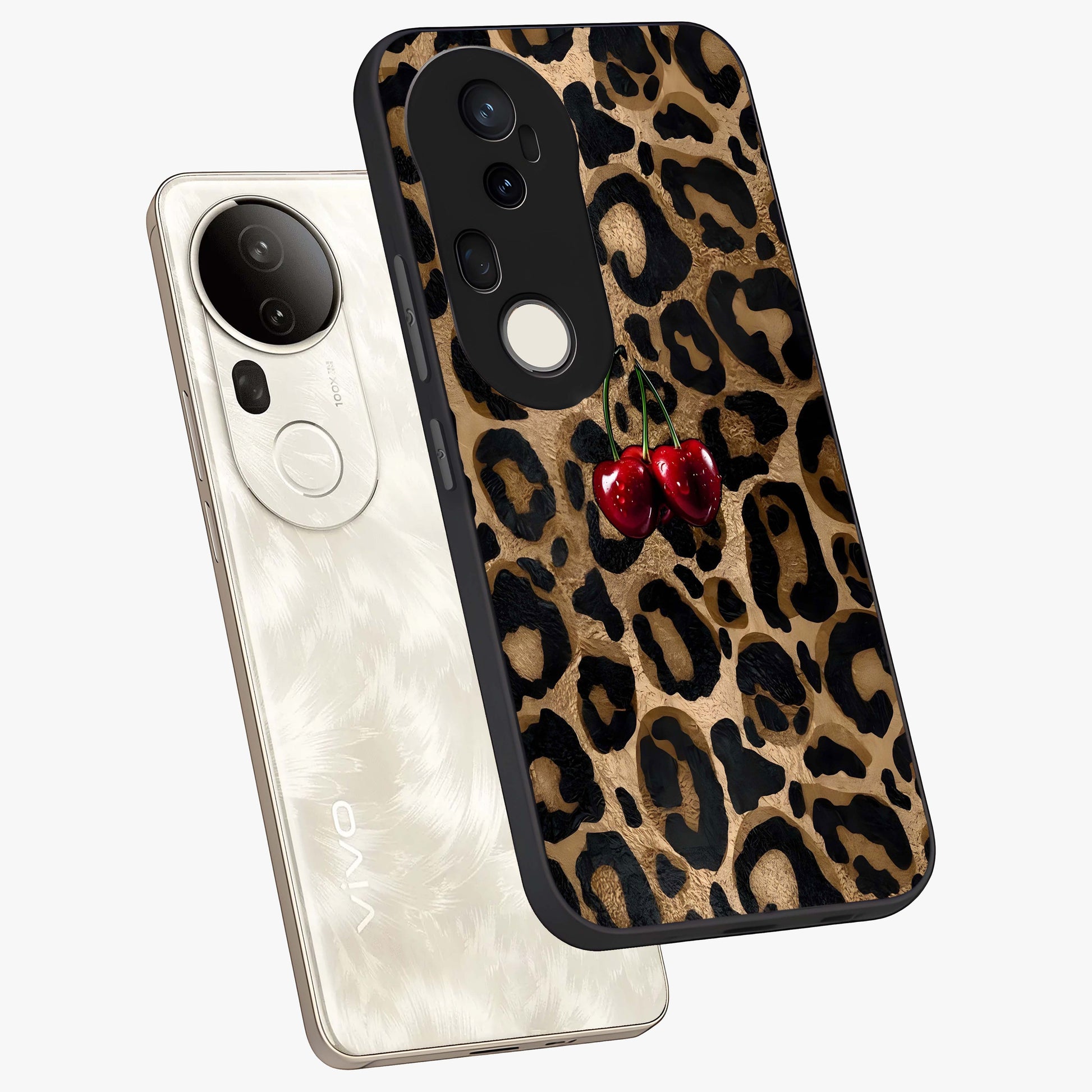 Leopard Wild Cherry Glass Case displayed in angled mockup highlighting bold animal print design with playful cherry aesthetic.