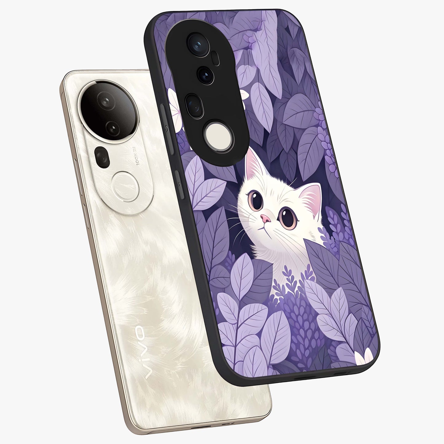 Lilac Hide Peek Cat Glass Case displayed in angled mockup highlighting playful feline illustration with lilac aesthetic design.